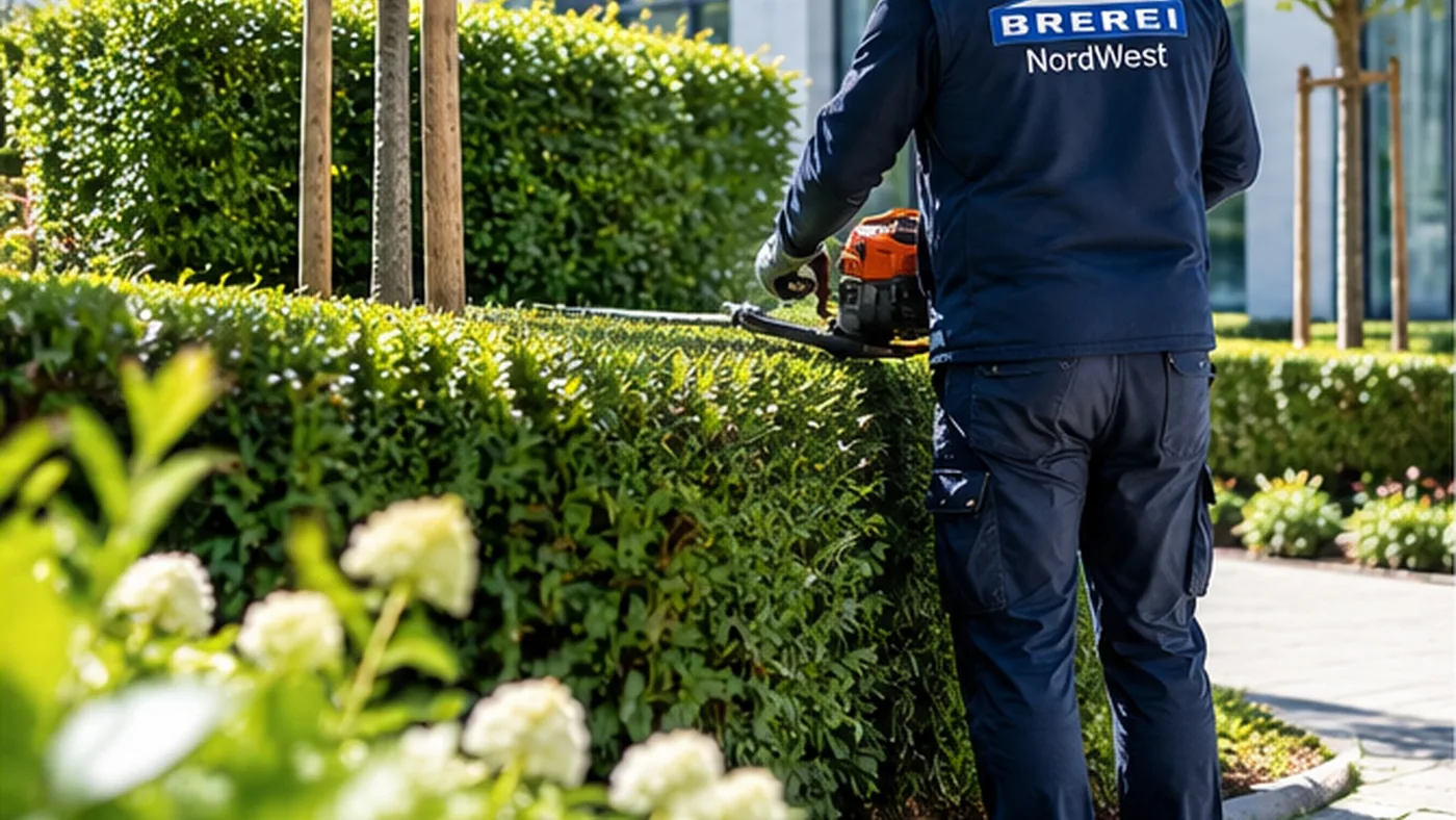 Pflege einer begrünten Außenanlage mit Heckenschere vor einem Bürogebäude