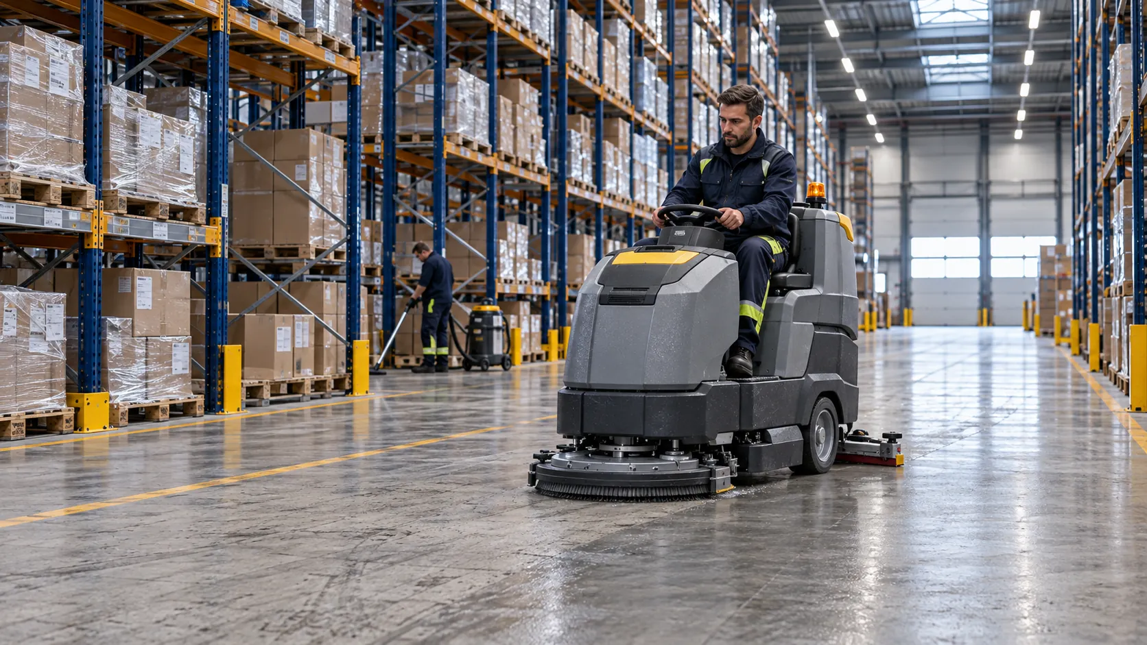 Ride-on scrubber-dryer cleaning the floor between high-bay racks in a warehouse