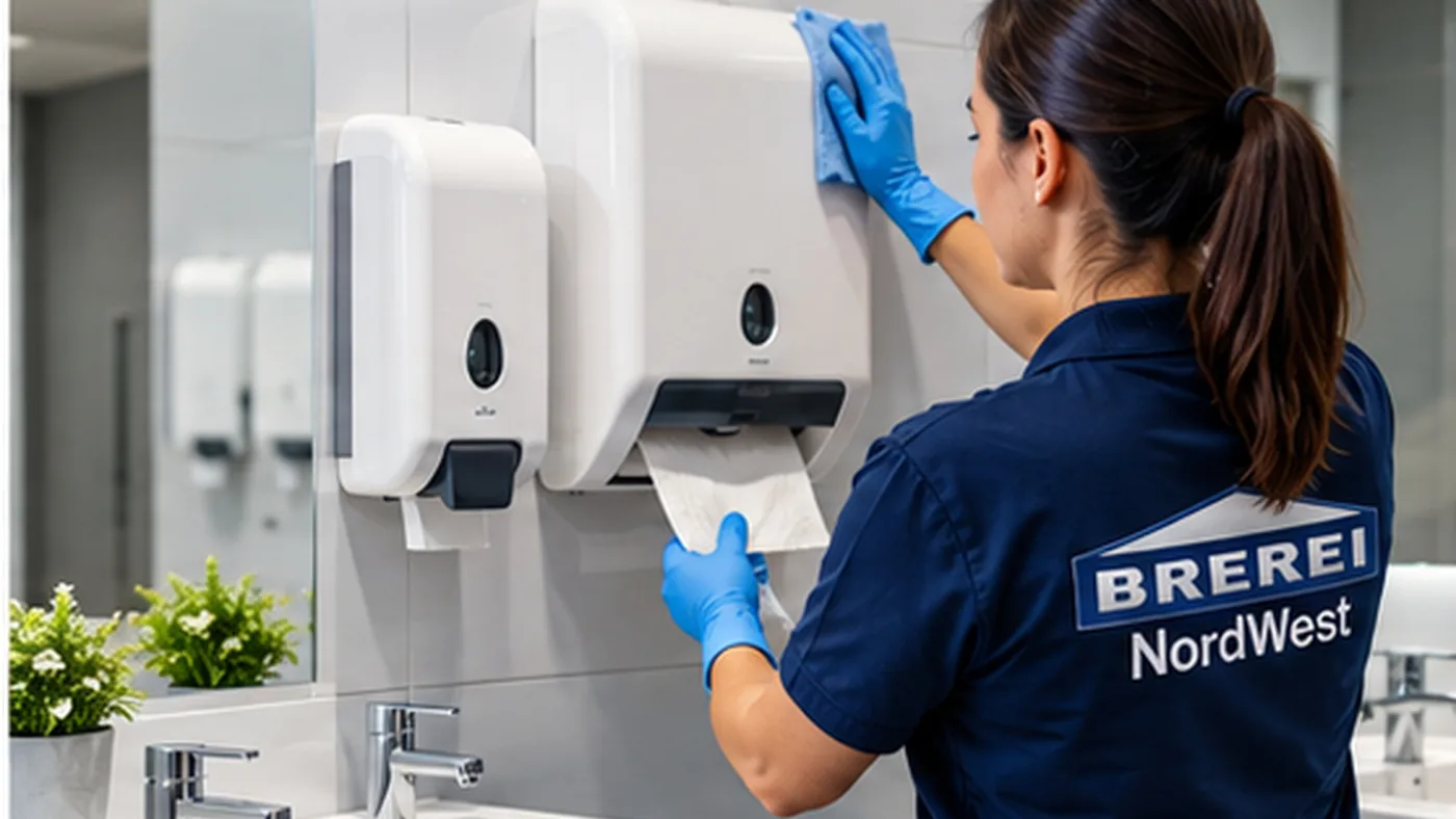 Reinigung eines Spenders im Sanitärbereich mit einem Mikrofasertuch