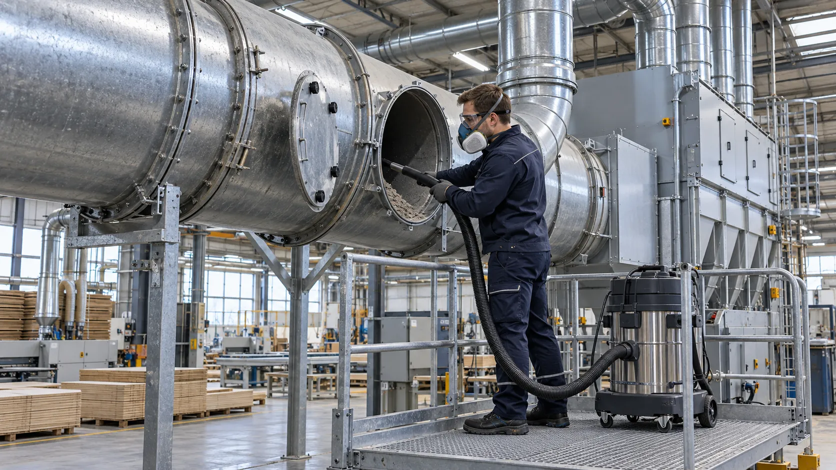 Vacuuming deposits out of an opened extraction duct with an industrial vacuum and respiratory protection